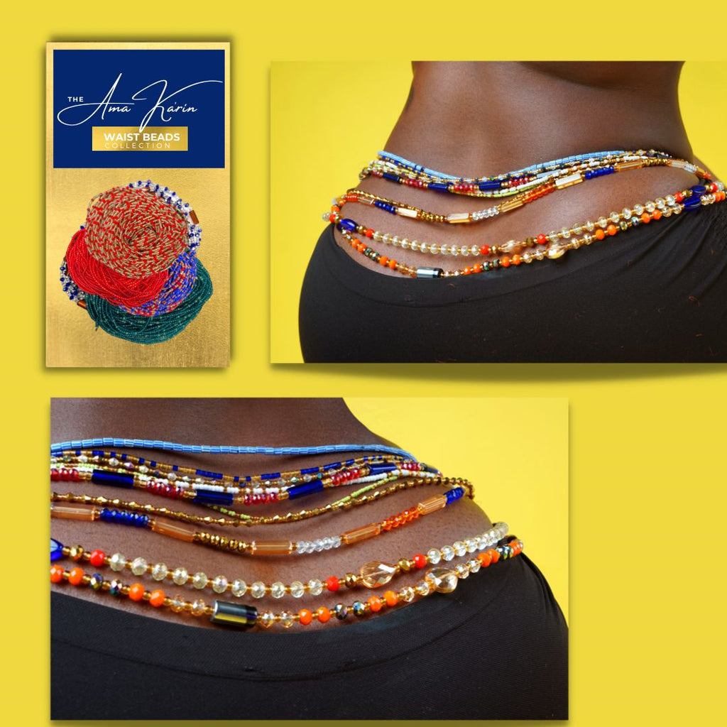 Blue Clear Gold Beads With Text - Waist Beads